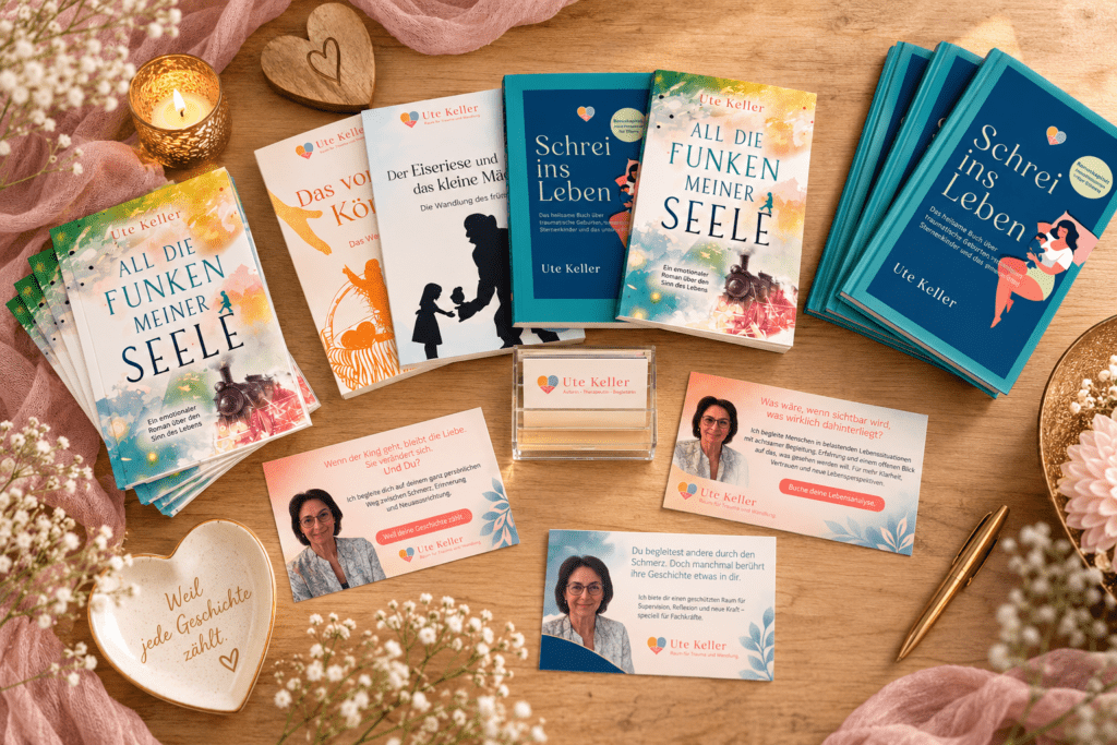 Ute Kellers Bücher und Flyer auf einem schön dekoriertem Tisch